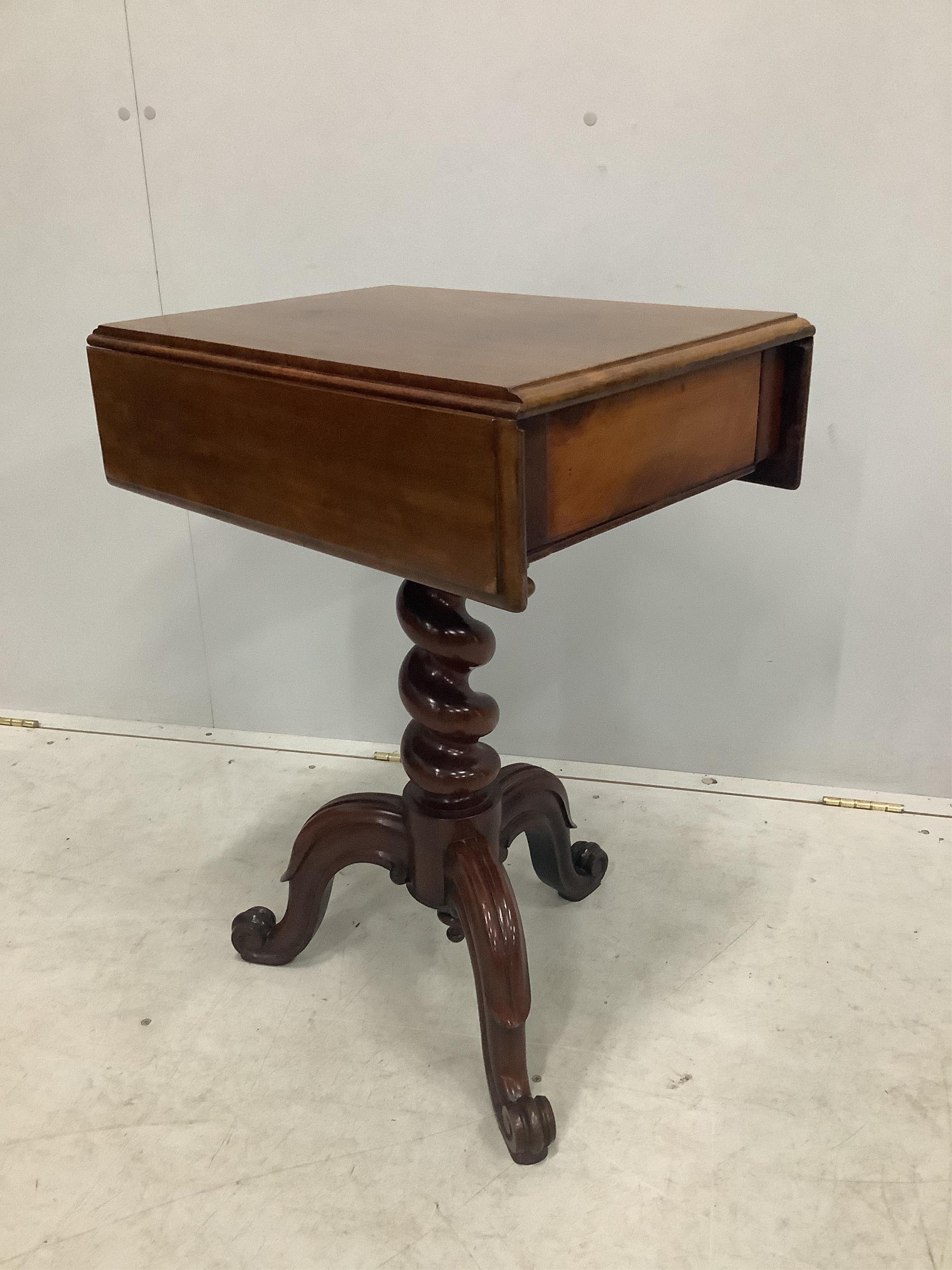 A Victorian mahogany drop flap side table, width 63cm, extended, depth 53cm, height 73cm. Condition - fair to good